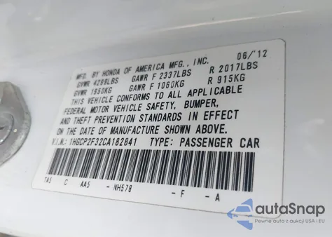 2012 Honda Accord 2.4 Lx из США, поврежденный, VIN 1HGCP2F32CA182841